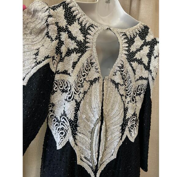 Clianna Beaded Evening Dress White Blk & Silver beads Long Women SZ M - Picture 7 of 10